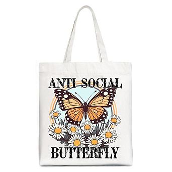 Anti Social Butterfly Canvas Tote Bag, Retro Gift Shopper for Quirky and Independent Women