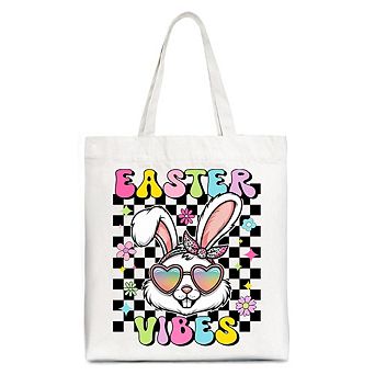 Retro Easter Bunny Sunglasses Tote Bag, Groovy Checkered Gift Shopper