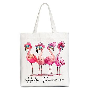 Flamingo Hello Summer Canvas Tote Bag, Retro Gift Shopper with Tropical Birds