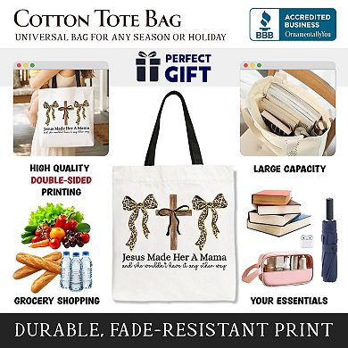 Jesus Made Her A Mama Tote Bag, Coquette Christian Leopard Bows Faith Gift Shopper