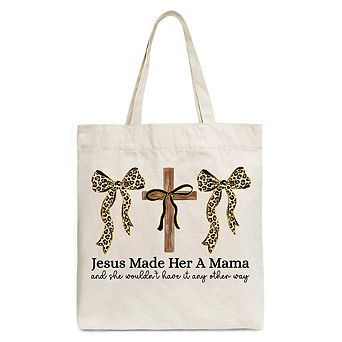 Jesus Made Her A Mama Tote Bag, Coquette Christian Leopard Bows Faith Gift Shopper