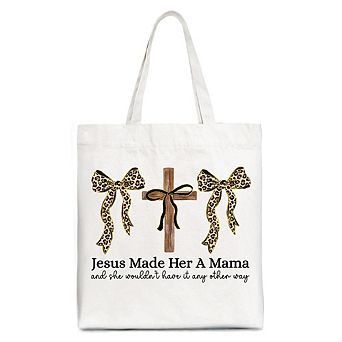 Jesus Made Her A Mama Tote Bag, Coquette Christian Leopard Bows Faith Gift Shopper