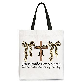 Jesus Made Her A Mama Tote Bag, Coquette Christian Leopard Bows Faith Gift Shopper
