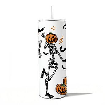 Dancing Skeletons with Pumpkin Head 20oz Tumbler With Stainless Steel Straw, Halloween Gift Cup