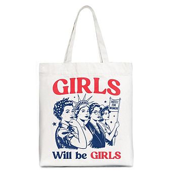 Girls Will Be Girls Patriotic Tote Bag, 4th of July Vintage Feminist Gift Shopper