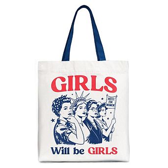 Girls Will Be Girls Patriotic Tote Bag, 4th of July Vintage Feminist Gift Shopper