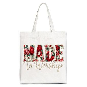 Made to Worship Printed Faux Yarn Crochet Christian Tote Bag, Floral Retro Faith Gift Shopper