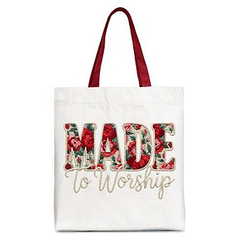 Made to Worship Printed Faux Yarn Crochet Christian Tote Bag, Floral Retro Faith Gift Shopper