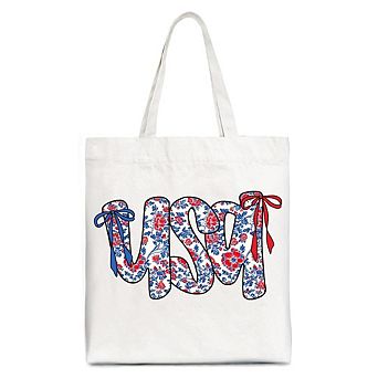 Floral USA Patriotic Canvas Tote Bag, 4th of July Gift Shopper for Stylish Women