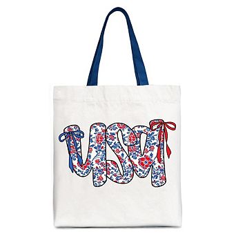 Floral USA Patriotic Canvas Tote Bag, 4th of July Gift Shopper for Stylish Women
