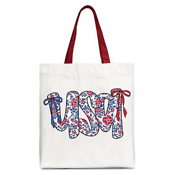 Floral USA Patriotic Canvas Tote Bag, 4th of July Gift Shopper for Stylish Women