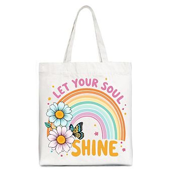 Let Your Soul Shine Rainbow Tote Bag, Retro Pastel Floral Feel Good Gift Shopper