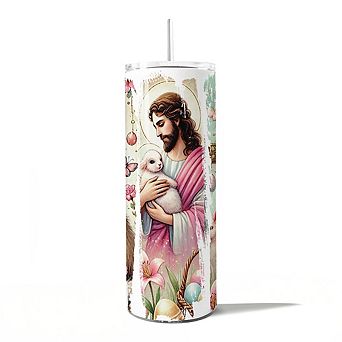 Pink Jesus and Bunny 20oz Tumbler With Stainless Steel Straw, Easter Brushstrokes Spring Gift Cup