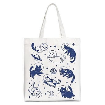 Cats in Space Retro Canvas Tote Bag, Funny Astronaut Kitty Gift Bag with Cosmic Vibes