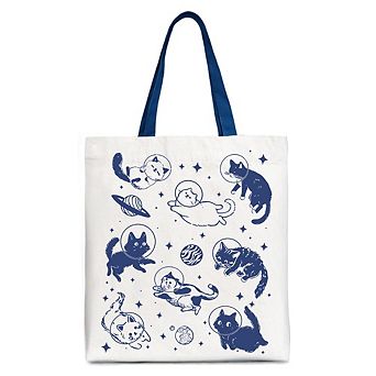 Cats in Space Retro Canvas Tote Bag, Funny Astronaut Kitty Gift Bag with Cosmic Vibes