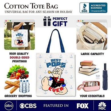 Best Pops Ever Canvas Tote Bag, Classic Popeye the Sailorman Dad Gift Bag for Fun and Strong Dads
