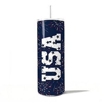 Vintage USA Block Letters 20oz Tumbler With Lid and Stainless Steel Straw, Independence Day Gift Cup