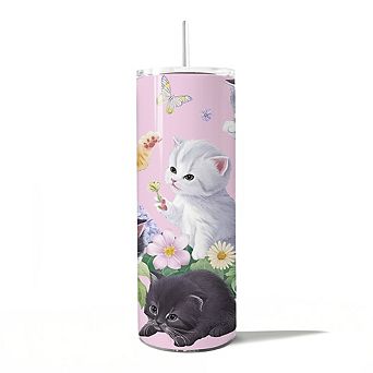 Cute Kittens Wildflower 20oz Tumbler With Stainless Steel Straw, Cottagecore Botanical Cat Gift Cup