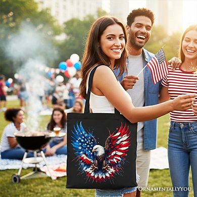 Bald Eagle American Flag Canvas Tote Bag, Patriotic Freedom Gift Shopper