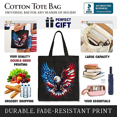 Bald Eagle American Flag Canvas Tote Bag, Patriotic Freedom Gift Shopper