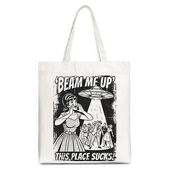 UFO Meme Beam Me Up This Place Sucks Canvas Tote Bag, Cynical Woman Alien Abduction Retro Comic