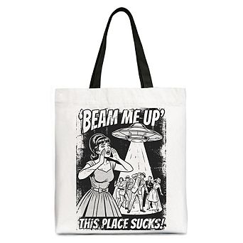 UFO Meme Beam Me Up This Place Sucks Canvas Tote Bag, Cynical Woman Alien Abduction Retro Comic