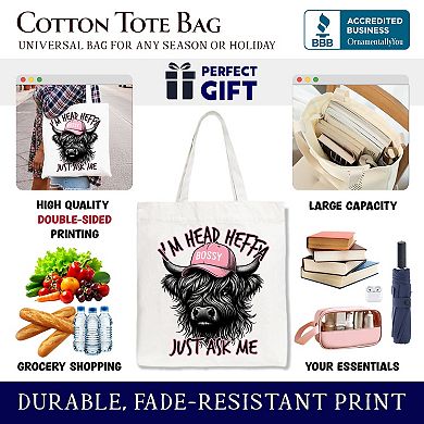 Bossy Highland Cow Canvas Tote Bag, Head Heifer Funny Western Gift Shopper