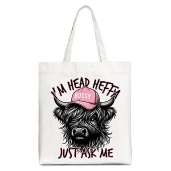 Bossy Highland Cow Canvas Tote Bag, Head Heifer Funny Western Gift Shopper