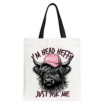 Bossy Highland Cow Canvas Tote Bag, Head Heifer Funny Western Gift Shopper