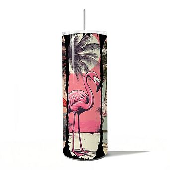 Retro Flamingo Beach 20oz Tumbler With Stainless Steel Straw, Summer Vacation Sunset Gift Cup