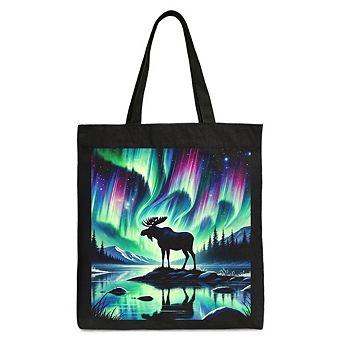 Majestic Moose Under Northern Lights Canvas Tote Bag, Gift Shopper for Enchanted Christmas