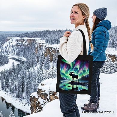 Majestic Moose Under Northern Lights Canvas Tote Bag, Gift Shopper for Enchanted Christmas