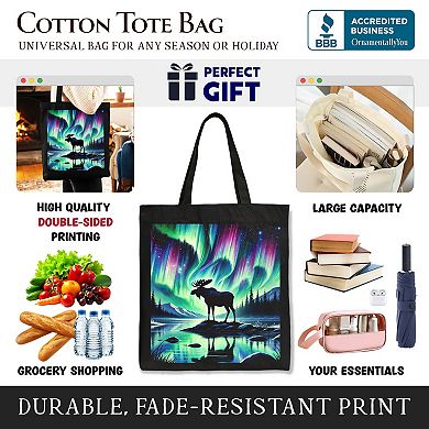 Majestic Moose Under Northern Lights Canvas Tote Bag, Gift Shopper for Enchanted Christmas