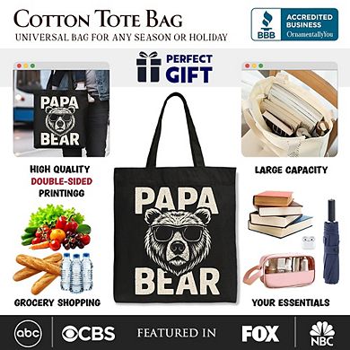 Papa Bear Sunglasses Canvas Tote Bag, Black Vintage Gift Shopper for Cool Dads