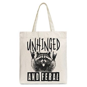Unhinged and Feral Raccoon Canvas Tote Bag, Funny Rock Hands Gift Shopper for Wild People