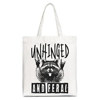 Unhinged and Feral Raccoon Canvas Tote Bag, Funny Rock Hands Gift Shopper for Wild People