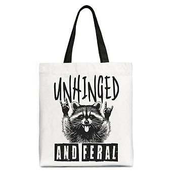 Unhinged and Feral Raccoon Canvas Tote Bag, Funny Rock Hands Gift Shopper for Wild People