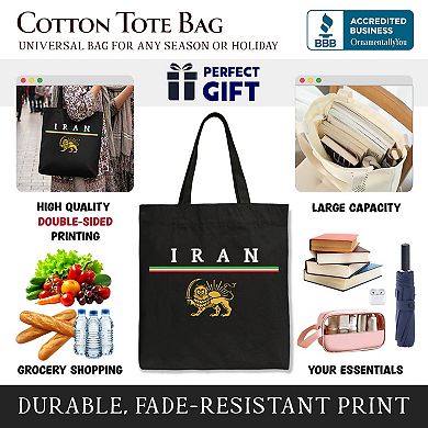 Iran Lion and Sun Flag Canvas Tote Bag, Persian Heritage Pride Gift Shopper