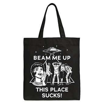 Beam Me Up This Place Sucks Comic Sarcastic Canvas Tote Bag, Woman Retro UFO Meme Funny Gift Shopper