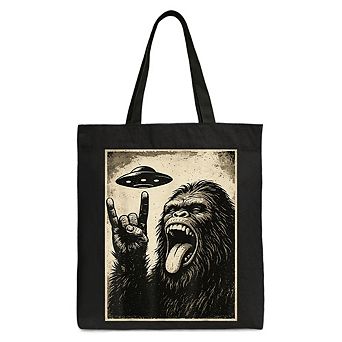 Bigfoot UFO Funny Canvas Tote Bag, Rock and Roll Sasquatch Meme Gift Shopper