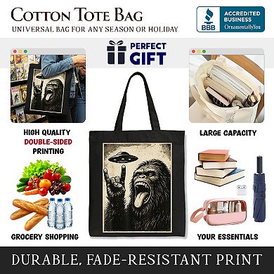 Bigfoot UFO Funny Canvas Tote Bag, Rock and Roll Sasquatch Meme Gift Shopper