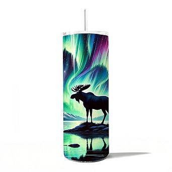 Majestic Moose Under Northern Lights 20oz Tumbler With Lid and Stainless Steel Straw