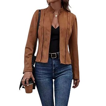 Women's Cropped Faux Suede Jacket - Stand Collar Tailored Long Sleeve Coat for Casual & Daily Wear