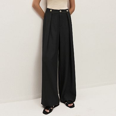 Women's High-Waisted Wide-Leg Pleated Pants with Decorative Hardware