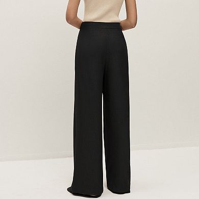 Women's High-Waisted Wide-Leg Pleated Pants with Decorative Hardware
