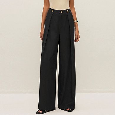 Women's High-Waisted Wide-Leg Pleated Pants with Decorative Hardware