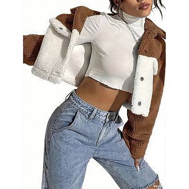 Women's Cropped Color Block Faux Fur Jacket - Collared Button Coat for Casual Winter