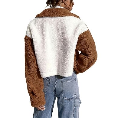 Women's Cropped Color Block Faux Fur Jacket - Collared Button Coat for Casual Winter