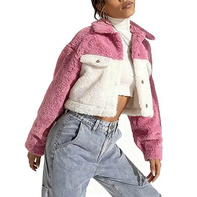 Women's Cropped Color Block Faux Fur Jacket - Collared Button Coat for Casual Winter