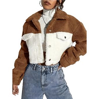Women's Cropped Color Block Faux Fur Jacket - Collared Button Coat for Casual Winter